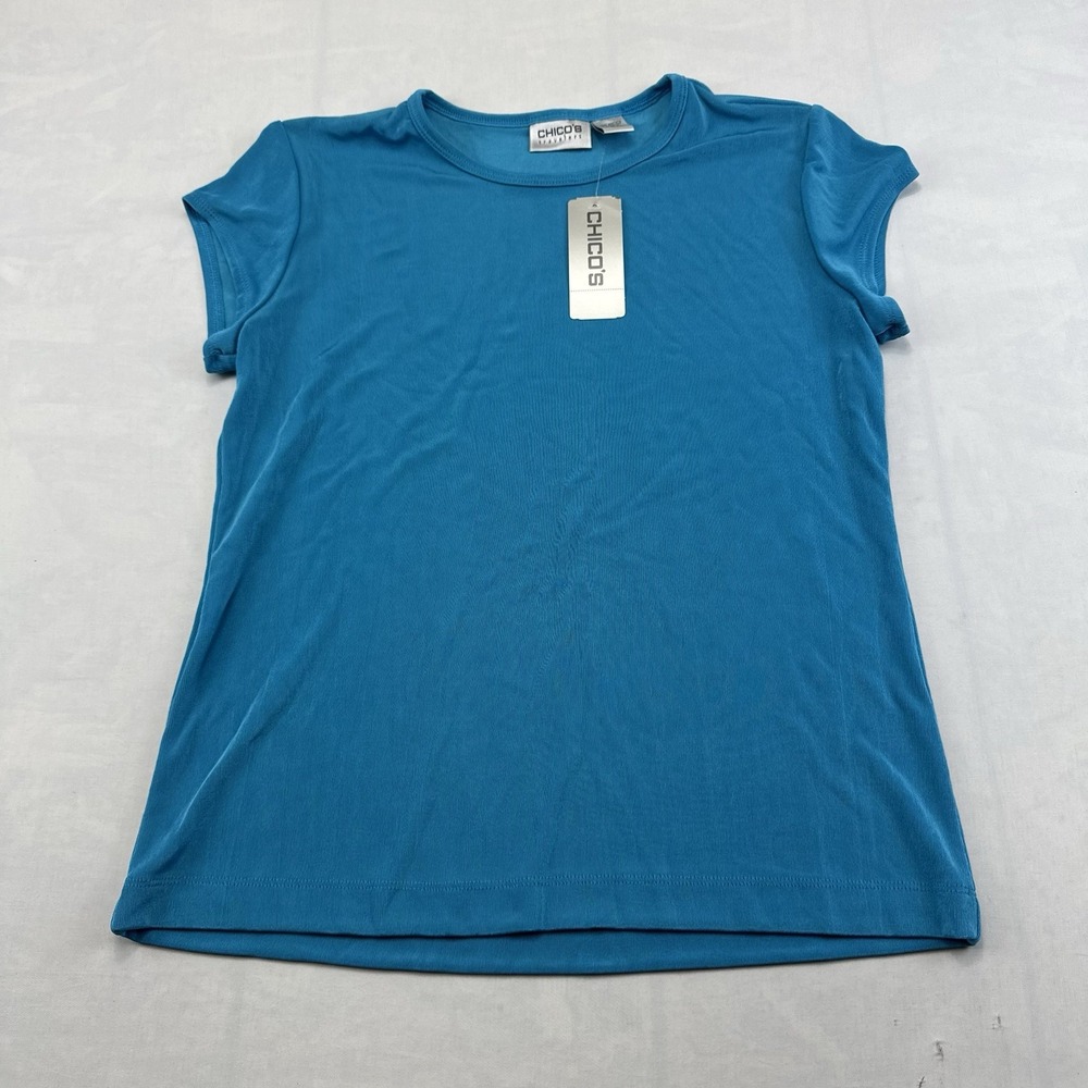Chico's Travelers Women's Size 1 M Blue Short Sleeve Stretch Knit Top NWT